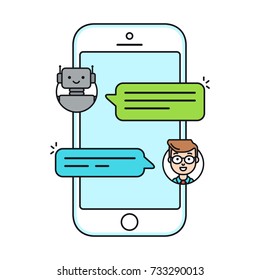 Chatbot flat line icon concept. Man chatting with chat bot on smartphone. User talk with bot in messenger. Vector illustration isolated on white background