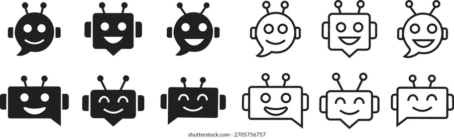 Chatbot flat and outline icon set featuring friendly robot head symbol with message bubble design. Vectors bot illustration for AI communication, customer support, automation concept and technology.