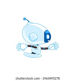 Chatbot flying fast in a hurry. Cute robot sending and receiving envelopes email letters online communication. Artificial Intelligence Helps Solving Complex Problems. Vector Cartoon character.