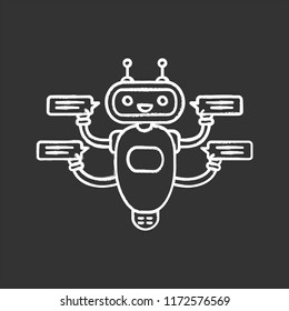 Chatbot with four speech bubbles chalk icon. Talkbot chatting to several users. Customer support service. Modern robot. Isolated vector chalkboard illustration