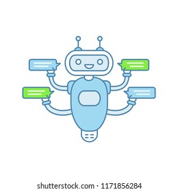 Chatbot with four speech bubbles color icon. Talkbot chatting to several users. Customer support service. Modern robot. Isolated vector illustration