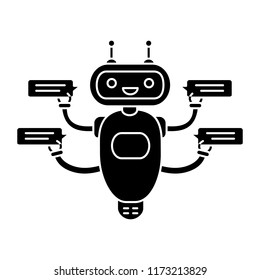Chatbot with four speech bubbles glyph icon. Silhouette symbol. Talkbot chatting to several users. Customer support service. Modern robot. Negative space. Vector isolated illustration