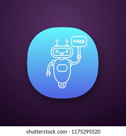 Chatbot with free in speech bubble app icon. UI/UX user interface. Free customer support talkbot. Virtual assistant. Modern robot. Web or mobile application. Vector isolated illustration