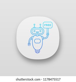 Chatbot with free in speech bubble app icon. UI/UX user interface. Free customer support talkbot. Virtual assistant. Modern robot. Web or mobile application. Vector isolated illustration