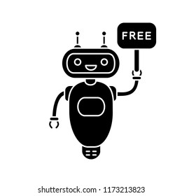 Chatbot with free in speech bubble glyph icon. Silhouette symbol. Free customer support talkbot. Virtual assistant. Modern robot. Negative space. Vector isolated illustration