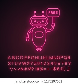Chatbot with free in speech bubble neon light icon. Free customer support talkbot. Virtual assistant. Modern robot. Glowing sign with alphabet, numbers and symbols. Vector isolated illustration