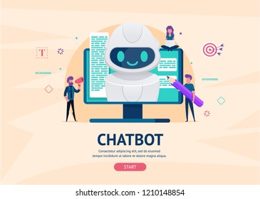 Chatbot future concept. helping bot monitor screen. artificial intelligence with little people chatting with robot. Dialog help service. AI.  illustration for landing web page or mobile development.