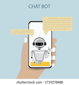 Chatbot and future marketing concept. Dialog box of mobile phone. Smartphone on a blue background. Vector illustration.