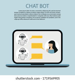 Chatbot and future marketing concept. Dialog box of mobile phone. Smartphone on a blue background. Vector illustration.