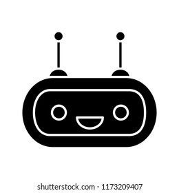 Chatbot glyph icon. Silhouette symbol. Talkbot. Laughing chat bot. Modern robot. Virtual assistant. Conversational agent. Negative space. Vector isolated illustration