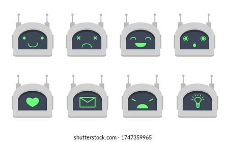 Chatbot head flat icon set. Cartoon cute robot avatar with different emoji and icons on face isolated vector illustration collection. Computer character and smile design concept