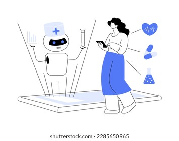 Chatbot en la ilustración abstracta del concepto de salud vectorial. Cuidador de inteligencia artificial, uso de asistencia médica de chatbot, consulta anónima, asistente de IA clínica, metáfora abstracta del servicio de chat.