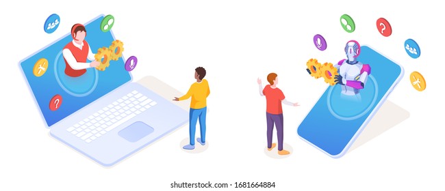 Chatbot helping customer from smartphone. Man from online support doing assistant service over laptop or notebook. Vector sign design for customer or user support, help, answer. AI technology
