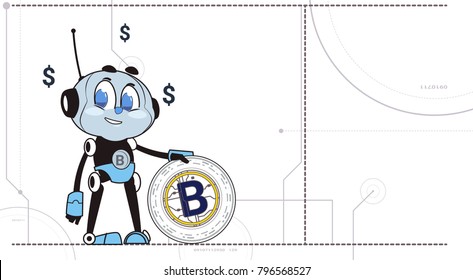 Chatbot Hold Bitcoin Robots and Crypto Currency Mining Technology Cryptobot Concept Flat Vector Illustration