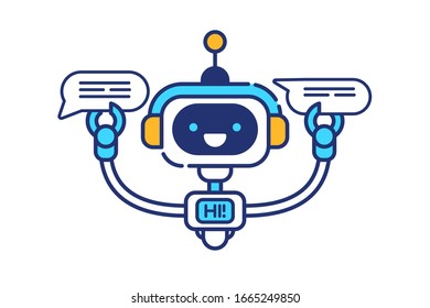 Chatbot holding speech bubbles icon. Customer service robot concept, mobile connection, communication help service. Flat line style vector illustration