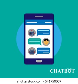 Chatbot and human conversation on smartphone, vector illustration