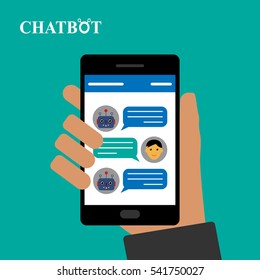Chatbot and human conversation on smartphone, vector illustration