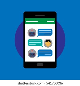 Chatbot and human conversation on smartphone, vector illustration