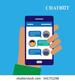Chatbot and human conversation on smartphone, vector illustration