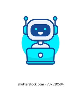 Chatbot icon. Cute robot working behind laptop. Modern bot sign design. Smiling customer service robot. Flat line style vector illustration isolated on white background