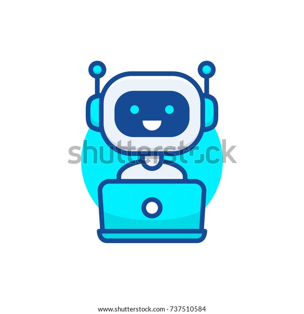 Chatbotアイコン ノートパソコンの後ろで働くかわいいロボット 現代のロボットのデザイン 笑顔の顧客サービスロボット 白い背景に平線スタイルのベクターイラスト のベクター画像素材 ロイヤリティフリー