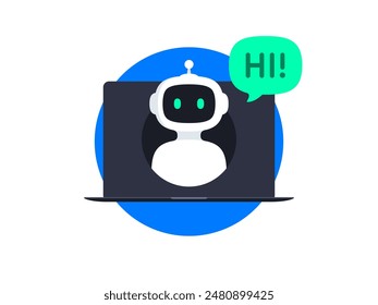 Chatbot icon design. Bot say Hi through the laptop screen. Online communication with chat bot. AI robot customer support assistant. Vector icon