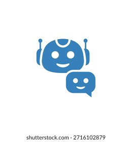 Icono del chatbot, cabeza amistosa del robot con las antenas, y burbuja del discurso con la cara sonriente. ARTE VECTORIAL de concepto de comunicación y Asistencia de IA.