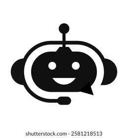 Chatbot icon with headset and smiling robotic face. AI virtual assistant symbol for customer support, automation, artificial intelligence, online service, and modern communication technology.