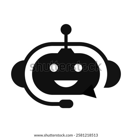 Chatbot icon with headset and smiling robotic face. AI virtual assistant symbol for customer support, automation, artificial intelligence, online service, and modern communication technology.