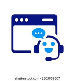 Chatbot-Symbol mit Headset und Sprechblase, fröhlicher Ausdruck, blauen Tönen, weißem Hintergrund, die KI-Kundenbetreuung, Kommunikation und Interaktion, modernes und ansprechbares Design repräsentieren.