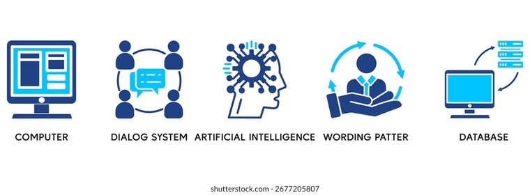 Conjunto de iconos de chatbot en estilo azul El concepto de Ilustración vectorial plana se relaciona con la computadora, el sistema de diálogo, la inteligencia artificial, el patrón de redacción y la base de datos