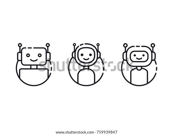 チャットボットアイコンセット ボット線のアイコンデザイン かわいい笑顔のロボットアイコンセット 白い背景に現代のアウトラインロボット のキャラクター ベクターイラスト のベクター画像素材 ロイヤリティフリー