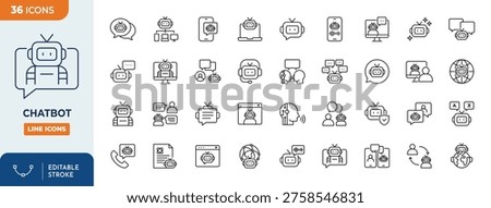 Chatbot icon set. Contain icons related to chatbot, support, virtual assistant, creative ai, communication, and more. editable stroke. Vector illustration

