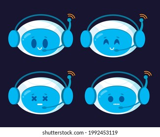 Juego de iconos de chatbot. Robots sonrientes. Dibujo de personajes de caricatura de estilo plano moderno aislado en un fondo oscuro.