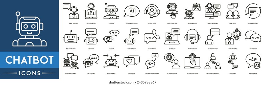 ChatBot-Symbolsatz. Beinhaltet die Symbole als Chat-Assistent, virtueller Helfer, KI-Chatbot, Messaging-Bot, automatisierter Chat, Bot-Begleiter, Message-Roboter, Conversation-Bot, Chat-Freund, Dialog-Bot und Messenger