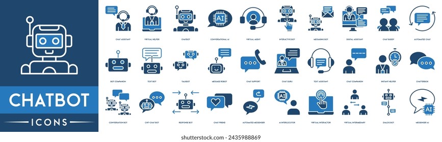 ChatBot  icon set. Included the icons as Chat Assistant, Virtual Helper, AI Chatbot, Messaging Bot, Automated Chat, Bot Companion, Message Robot, Conversation Bot, Chat Friend, Dialog Bot and Messenge