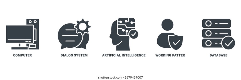 Chatbot ícone definir conceito vetorial com ícone do computador, sistema de diálogo, inteligência artificial, padrão de redação, banco de dados