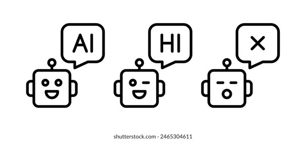 Chatbot-Symbol-Vektorgrafik festgelegt. AI-Bot mit Nachrichtensymbol. Hallo, Ausrufezeichen Blase