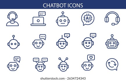Chatbot Icons Set – AI Customer Support, Virtual Assistant, Messaging Bot Vector Illustrations.