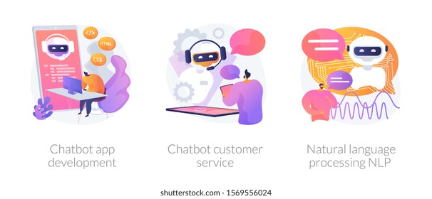 Chatbot icons set metaphors. Information engineering, artificial intelligence, chatbot app development. Customer service and language processing NLP. Vector isolated concept metaphor illustrations