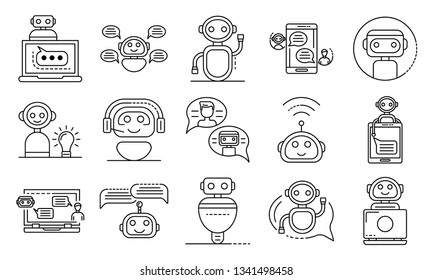Chatbot icons set. Outline set of chatbot vector icons for web design isolated on white background
