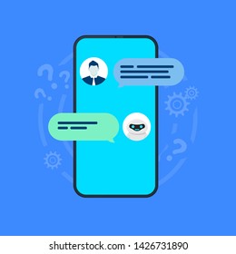 Chatbot illustration. Smartphone with user and robot chatting on screen. Vector