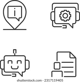 La información de chatbot ayuda a ajustar iconos lineales perfectos en píxeles. Buscar ubicación en línea. Servicio de soporte digital. Símbolos de línea delgada personalizables. Ilustraciones aisladas del contorno vectorial. Trazo editable
