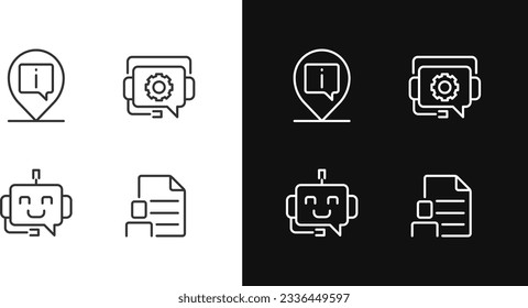 Chatbot info help pixel perfect linear icons set for dark, light mode. Find location online. Digital support. Thin line symbols for night, day theme. Isolated illustrations. Editable stroke