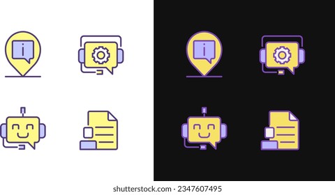 Chatbot info help pixel perfect light and dark theme color icons set. Find location online. Digital support service. Simple filled line drawings. Bright cliparts on white and black. Editable stroke