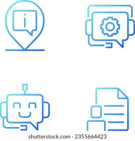 Chatbot info help pixel perfect gradient linear vector icons set. Find location online. Digital support service. Thin line contour symbol designs bundle. Isolated outline illustrations collection