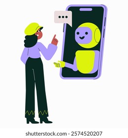 Chatbot Interaction With Female User Through Smartphone Display In Flat Vector Illustration Symbolizing Virtual Assistance And AI Technology, Isolated On White Background