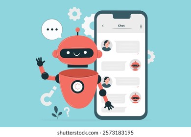 Chatbot Interaction Illustration depicting a chatbot interacting with a user, representing customer service automation, AI, and conversational interfaces.