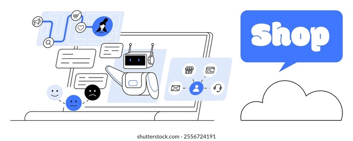 A chatbot interacts with different user feedback and shopping-related icons on a laptop screen. Ideal for e-commerce customer service, online retail, technology, digital communication, and AI