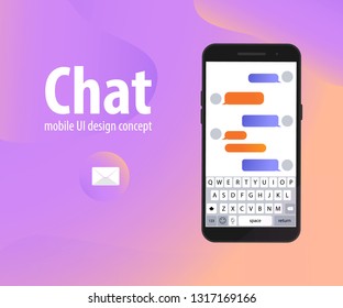 Chatbot Interface banner concept. Man chatting with chat bot on smartphone. Clean Mobile UI Design Concept. Sms Messenger. Dialog with bot. Customer service help